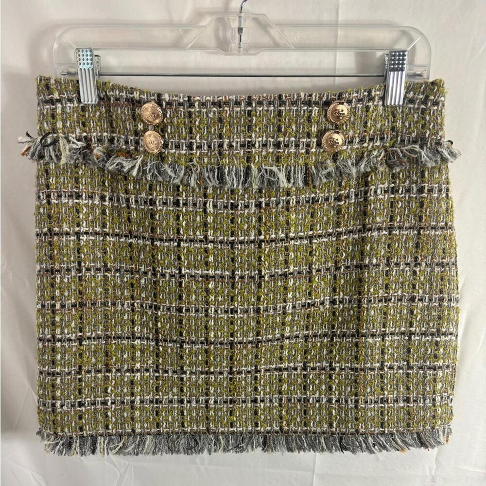 NWT Walter Baker Chartreuse Green Preppy Tweed Fringe Mini Skirt Women’s Size 6 - Picture 9 of 11